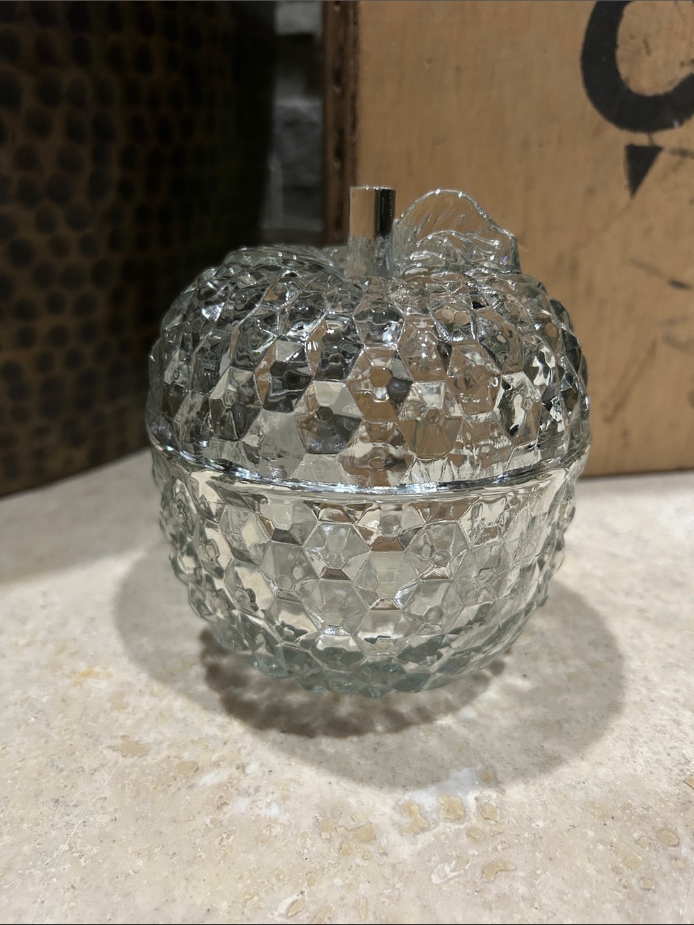 vintage clear pressed glass apple candy dish w/ hexagonal diamond-point pattern